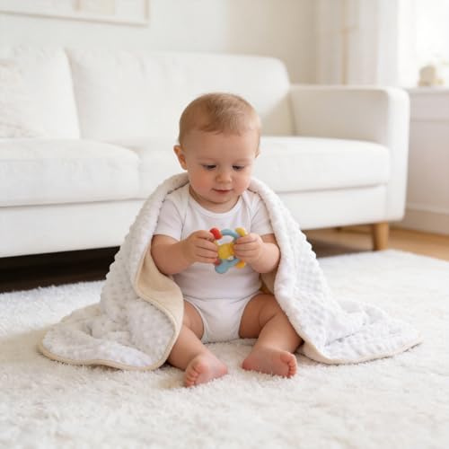 CREVENT Nerz Babydecke für Jungen und Mädchen, Weicher Plüsch Wickelspieltuch für Neugeborene - 75x100 cm (Beige + Weiß)