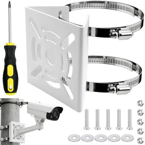Support Camera ExterieurSupport Gouttiere Camera Exterieur avec 2 Colliers de Serrage de Fixation & base blanche, Support de Poteau pour Caméra de Surveillance, éclairage LED et Panneau Solaire