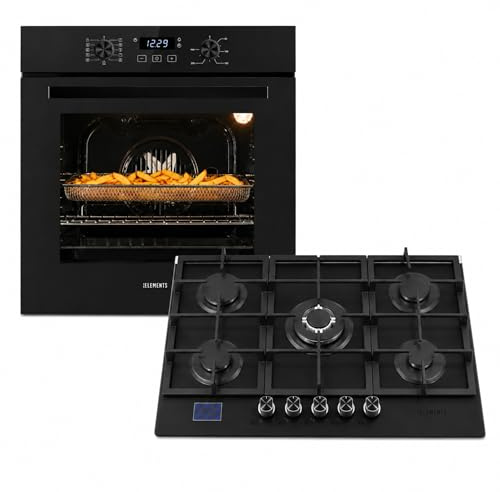 Gas Herdset | 60cm Einbaubackofen | Gaskochfeld 5 flammig | Gasokchfeld mit Timer | Kindersicherung | Grill | Air Fry Funktion | STEAM CLEAN