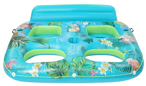 205x168cm Luftmatratze Schwimmbett bis 272kg,Aufblasbares Sonnenpool mit 2 Getränkehalter & integrierter Kühlbox(hält 6+ Flaschen kalt),Doppelte Tanning Pool mit Rückenlehne Mesh-Boden & Tragegriffen