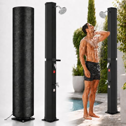 Bsteciar Doccia Solare da Giardino 60 Litri con Copertura Protezione, Doccia Esterno con Soffione a Pioggia Regolabile e Rubinetto, Temperatura Massima di 60°C per Giardino Piscina e Relax all'aperto