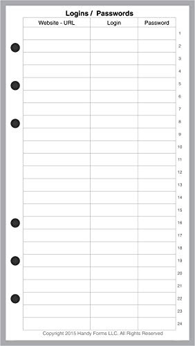 Personal Size Login Password List, Sized and Punched for Filofax Personal Notebook (3.7 x 6.75)