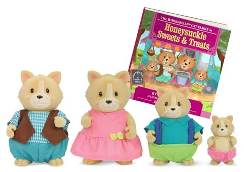 Li’l Woodzeez Figuren Katzen Tierfamilie Whiskerelli – 4 weiche Tierfiguren mit Bilderbuch auf Englisch – Tiere im Set, Spielzeug für Kinder ab 3 Jahren