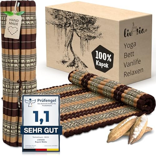 livasia Rollmatte XXL breit Doppelbett - 200x145x4,5cm - Gästebett Gästematratze 2 Personen mit Muster, Reisebett für Kofferraum und outdoor, Thaimatte Kapok Garten und Balkon (Braun/Elefanten)