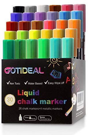 GOTIDEAL Chalk Markers, 30 Colors Liquid Chalk Markers for Blackboard Chalkboard Calendar Glass Neon Pens, Washable Window markers Paint and Drawing for Car, Auto, Bistro,Mirror Wet Erase Chisel Tip