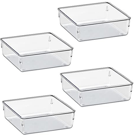 Acrimet Drawer Organizer Modular, Box Tray Storage Bins for Office, Home, Makeup, Kitchen, Junk Drawer (4 Pieces) (Clear Crystal Plastic)
