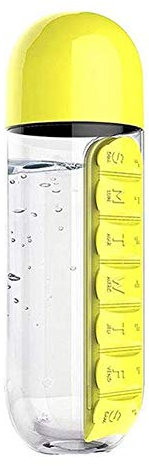 Tablettenbox Pillenflasche, Tragbare Wasserflasche mit Pillendose Wochendosierer, Tablettendosierer und 600ml Trinkflasche (Color : Yellow)