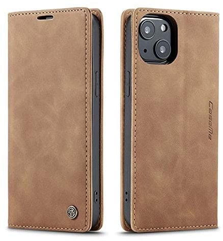 mvced Funda Compatible con iPhone 13,Funda Móvil Funda Libro con Tapa Magnética Carcasa,Marrón