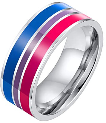 HIJONES Edelstahl LGBTQ Pride Rainbow Ring für Herren und Damen Bisexuelle Liebe 8mm Statement Band Größe 60