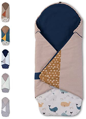 ULLENBOOM Einschlagdecke Babyschale, 100% OEKO-TEX Materialien, Ideal für Herbst und Winter, Wale (Made in EU) - Babydecke für Kindersitz oder Kinderwagen, kuschelige Decke für Babys