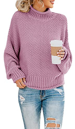 Saodimallsu Damen Rollkragen Oversized Pullover Fledermaus Langarm Sweatshirt Lose Grobstrick Casual Sweater Hellviolett S