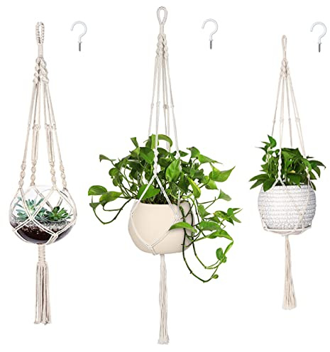 MIPON 3 Pack Macrame Plant Hanger Indoor Hanging Planter for Plants Holder with 3 Hooks, Different Size for Boho Home Decor,Ivory