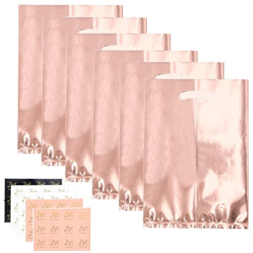 60Pcs Rose Gold Plastic Party Bags With 60 'Thank You' Stickers - Goodie Treat Bags for Birthday, Wedding, Bridal Shower
