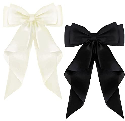 ZEVONDA Haarschleifen Clips - Haarspangen mit Großer Schleife Einfarbige Haarnadel mit Schleife Haarspangen Accessoires für Mädchen Frauen, Schwarz + Milchig weiß (2PCS)