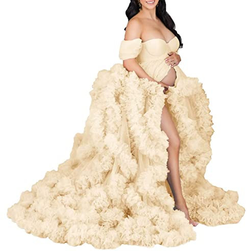 Schulterfreier Bademantel für Mutterschaft Fotoshooting Perspektive Langer Bademantel Puffy Tüll Robe Sheer für Frauen, champagnerfarben, 46