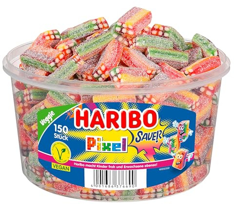 Haribo Rainbow Pixel Sauer – 150 Stück Runddose (1,2 kg) – Saure Fruchtgummi-Pixel in bunten Farben – Große Vorratsdose für Party, Büro & Sharing