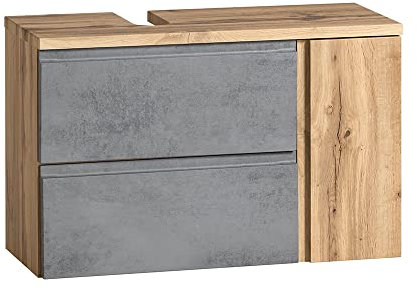 Lomadox Waschbeckenunterschrank mit Siphonausschnitt Links, in Wotan Eiche Nb. mit Beton Optik, B/H/T ca. 85/56/35 cm