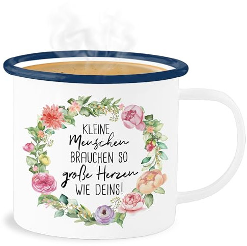 Emaille Becher Blechbecher - Statement Sprüche - Kleine Menschen I Geschenk Erzieherin Tagesmutter - 300 ml - Weiß Blau - abschiedsgeschenk für erzieher sarkasmus großes herz tasse kita spruch
