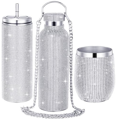 Rtteri 3 Stück Bling Wasserflasche Strass Edelstahl Bling Cup Stiellos Glitzer Tumbler Isoliert Strass Tumbler mit Kette, Deckel und Strohhalm für Frauen Kaffee Martini Weinbecher (Silberweiß)