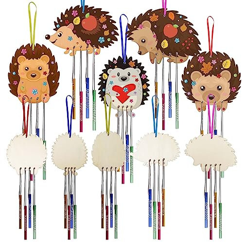 WEDNOK 10 Stück Igel Windspiel Bastelset Herbst Basteln Kinder Holz Bastelhandwerk zum Bemalen Herbstdeko Klangspiel Kreativsets für Mädchen Junge Herbst Erntedankfest