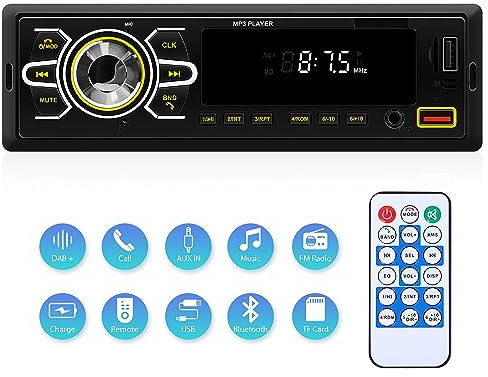 Autoradio 1 Din Bluetooth Auto Stereo Autoradio con Vivavoce Bluetooth FM Radio/USB/TF/Aux in/RCA/40 EQ/7 Colori/APP Localizza l'auto/Assistente Vocale Lettore MP3 con Telecomando Ricevitore Autoradio