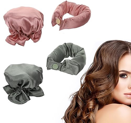 4 Stück Lockenwickler Ohne Hitze aus Satin, Weich Lockenwickler Stirnband Hitzefreie Locken mit Haarkappen Hitzefreies Lockenwickler Seide für Langes Haar (Rosa, Grün)