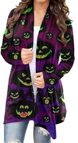 TOPKEAL Damen-Cardigan mit Langen Ärmeln und Halloween-Motiv, ohne Taschen Brosche Klein Für Ausschnitt (Purple, XXL)