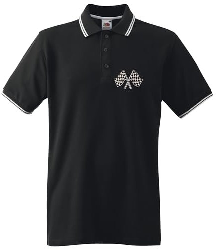Racker-n-Roll SKA Racing Flag Streifen Poloshirt Tipped Polo mit Stickemblem, Schwarz-weiß