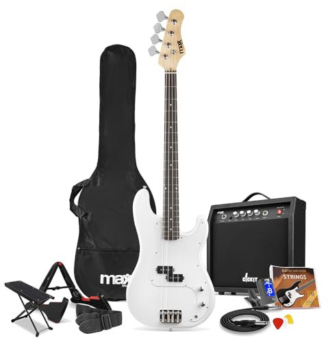Max Gigkit Electric Beginner Bass Guitar Package - Complete Starter Bass Guitar Set with Amp, Accessories & 6 Months Online Lessons - Ideal for Learner Bass Guitarists in White