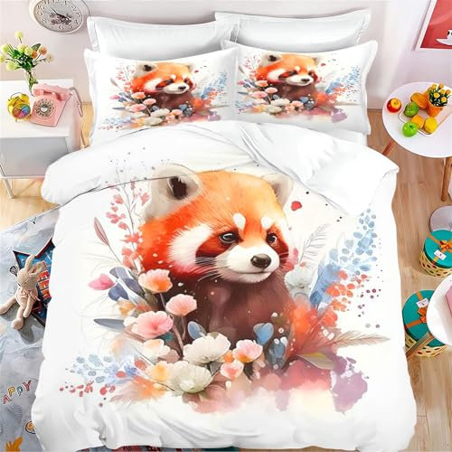 Fadaing Roter Panda Bettwäsche 135x200 Kinder Waldtiere Bettbezug Set, Cartoon Roter Panda Weiche Mikrofaser Bettwäsche Set Mit Reißverschluss Und 2 Kissenbezügen (1,Single 135 X 200 cm)
