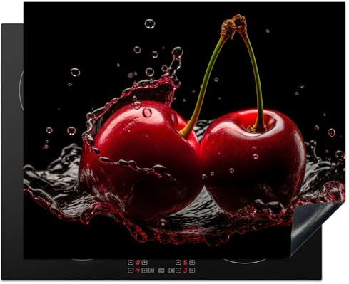 KitchenYeah© Protection Pour Plaque Induction 65x52 cm Deco Cuisine Protégé Cache De Cuisson Vitroceramique Cerises - Rouge - Fruit - Eau - Noir