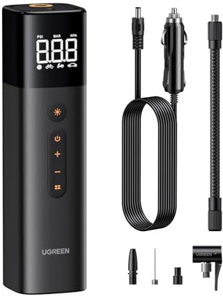 UGREEN Luftpumpe mit Zigarettenanzünder (0.2-10.3bar / 3-150psi )Elektrischer Kompressor Tragbar Fahrradpumpe Mini Reifenpumpe mit Digital LED Anzeige LED Licht für alle Fahrräder Motorräder und Autos