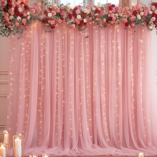 3 x 3 m, staubige Rose, Hintergrund Vorhang mit Lichterkette, für Partys, durchscheinender Tüll, Hochzeitsfoto-Hintergründe, Vorhänge für Babyparty, Geburtstag, Party-Dekoration, Hintergrund für