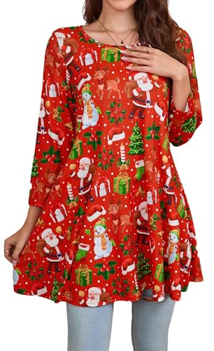 Enmain Women's Christmas Tunic Top 3/4 Sleeve Red Tunics Tops for Women UK Plus Size Round Neck Ladies Longline Swing T-Shirt Casual Santa Claus Pattern Blouse T Shirts for Xmas Festive Holiday 4XL