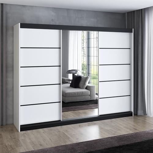 A&J MöbelLand Schwebetürenschrank VILANO 4, 3-türig Schrank 200 cm Kleiderschrank mit 4 Schubladen, und Spiegel (Weiß, Schwarz, Somona) (Weiß/weiß/weiß)