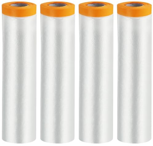 JMIATRY 4 Pcs Dust Sheets Roll, 2mx20m Waterproof Self-Adhesive Shields Film Rolls, Pre-Taped Plastic Dust Sheets for Decorating, Painting and Furniture Covering