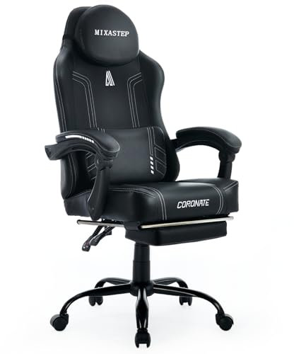 MIXASTEP Ergonomic Gaming Chair with Lumbar Support and Footrest, Reclining Computer Chair for Office and Gaming, Large Size Seat, Adjustable Swivel, 135 KG, White