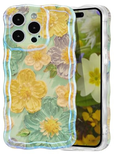 EYZUTAK Case for iPhone 13 Pro Max, Colorful Retro Oil Painting Flower Laser Glossy Cute Curly Wave Edge Case Stylish Durable Soft TPU Protective Phone Cover for Girl Women - Yellow Flower/Green
