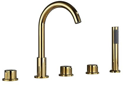 Robinet de Baignoire Robinet 5 Trous à Deux Poignées Mitigeur de Baignoire avec Robinet de Douche Douche Robinet de Salle de Bain Baignoire En Laiton Doré B