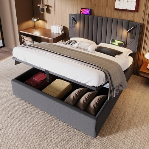 Zravenna Doppelbett Stauraum Polsterbett 140x200 cm, Stauraumbett mit Bettkasten, Multifunktion Kopfteil, Baumwolle Bett mit Lattenrost (Grau, 140x200 cm)