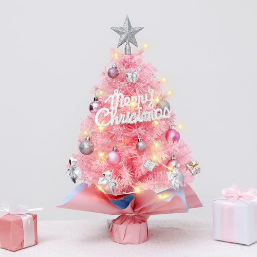 Tabletop Christmas Tree with Lights, 24inch/2ft Mini Pink Christmas Tree, Artificial Small Desktop Xmas Tree with Lights and Tree Ornaments, for Christmas Decorations