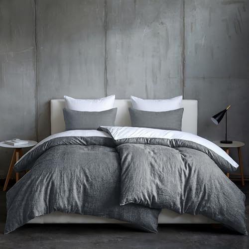 Dreamzie Bettwäsche 135x200 Baumwolle 4Teilig, Bettwäsche-Sets Dunkelgrau mit Reißverschluss, Ähnliche Textur wie Stone Washed Leinen, Enthält 2 Bettbezug 135x200 und 2 Kissenbezug 80x80, Oeko TEX