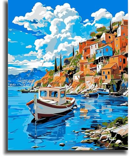 vooiceofco Peinture Numero Adulte,Peinture par Numero Adulte,Peinture Numero Enfant,DIY Peinture Acrylique pour Adultes débutants Facile sur Toile,40×50 cm sans Cadre-Bateau au bord du lac