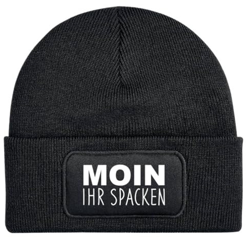 Beanie - Wollmütze mit Spruch: Moin Ihr Spacken - Strickmütze lustig als Geschenk für Freund, Mann und Männer oder Freundin, Frau - Kappe, Mütze (DE/NL/SE/PL, Alphanumerisch, Einheitsgröße, Schwarz)
