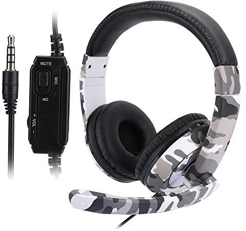 Rankomu Auriculares para juegos montados en la cabeza, auriculares de camuflaje blanco para PS4, diseño sobre la oreja, micrófono ajustable, conexión con cable, ajuste cómodo