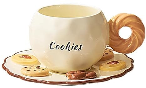 MESCXTY 320ml Creative Biscuit Coffee Mug Plate Set,Oatmeal Milk Breakfast Cup,Afternoon Tea Dessert Cup Water Cup for Girls, Yellow