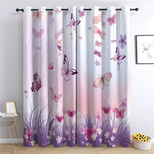 Vorhang Blickdicht Lila Schmetterling Vorhänge Mädchen Gardinen Wohnzimmer Schlafzimmer Verdunklungsvorhänge Thermovorhang 3D Druck Schallschutz Vorhang mit Ösen 2er set B 140 x H 245 cm a.1339