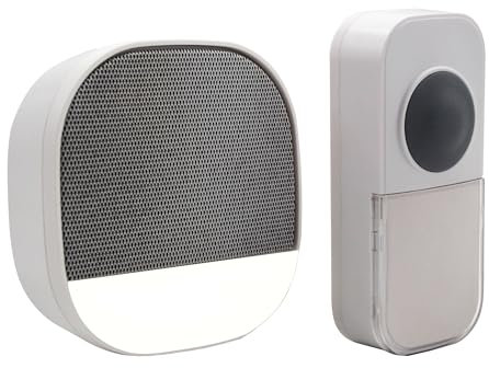 Uni-Com Wireless Battery Free Plug-in Door Chime with Built-in Night Light, Low Power Consumption, Self-Powered Kinetic Bell Push, 200m Operating Range, 30 Chimes, LED Chime Alert, Easy Install