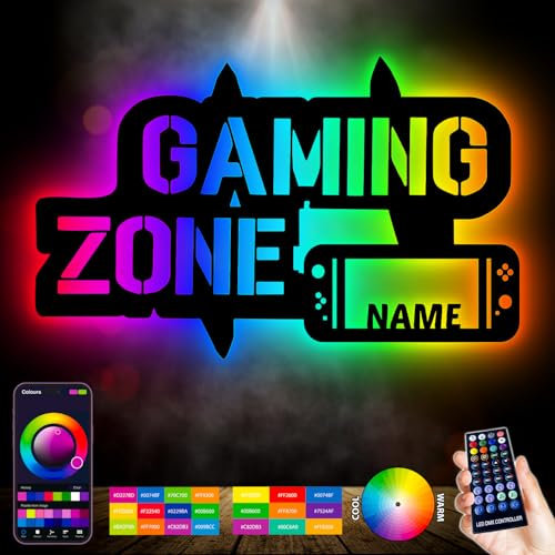 LEON FOLIEN RGB Led Gaming Zone Schild - Gamer Wandlampe personalisiert Mit Name - Beleuchtung Deko - Besondere Geschenke für Videospiel Fans, Geschenk-Idee Switch Sports