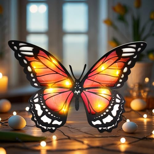 Nexoria Frühlingsdeko Schmetterlings Beleuchtet, 3D Schmetterlings aus Holz Schmetterlinge Deko mit LED Licht Beleuchtung Batteriebetrieben Frühling Schmetterlings Tischdeko für Wohnzimmer (A)